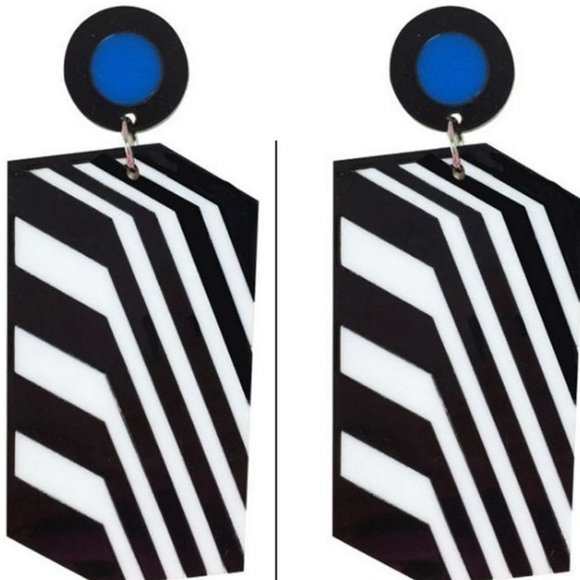Stripe Drop Dangle Earrings Big Black White Acrylic Earrings - Picture 2 of 10